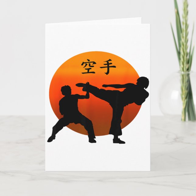 Tarjeta Dos luchadores de karate con sol naciente y camise (Anverso)