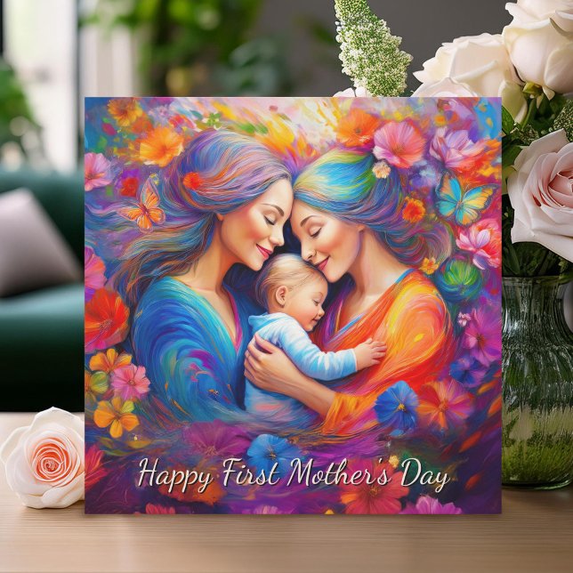 Tarjeta Dos madres con su bebé, primer día de la madre (Subido por el creador)
