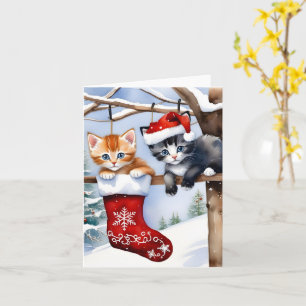 Tarjeta Dos Navidades de gatitos rallados Gorra rojo en bl