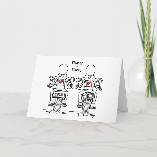 Tarjeta Dos novias boda en moto (Anverso)