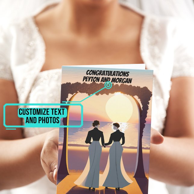 Tarjeta Dos novias en el día de la boda al atardecer (This lovely card is for that lesbian couple who have entered marriage.)
