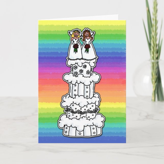 Tarjeta Dos novias en pastel de Boda (Anverso)