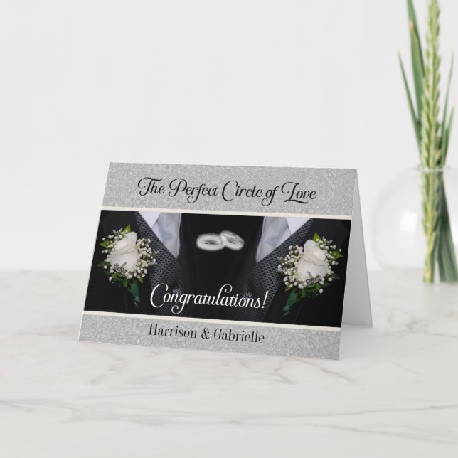 Tarjeta Dos novios en tuxes felicitaciones a Boda gay (Anverso)