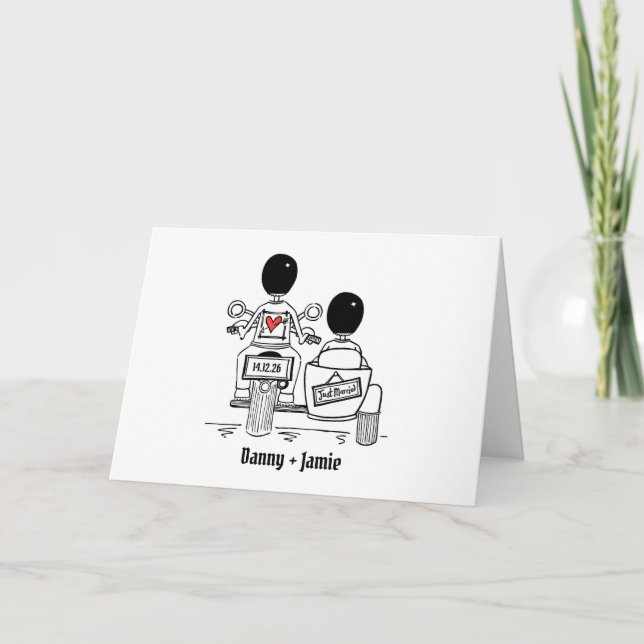 Tarjeta Dos novios moto y sidecar boda (Anverso)