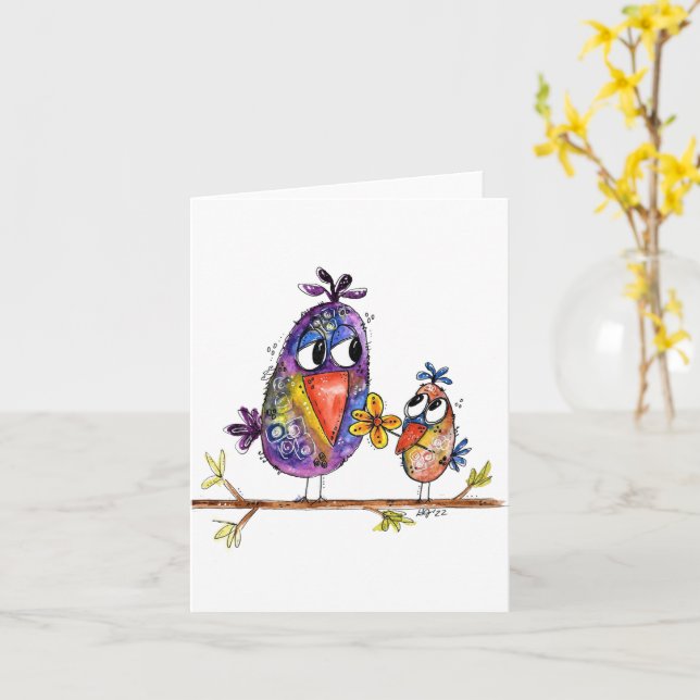 Tarjeta Dos pájaros malcriados y singulares (flor amarilla)