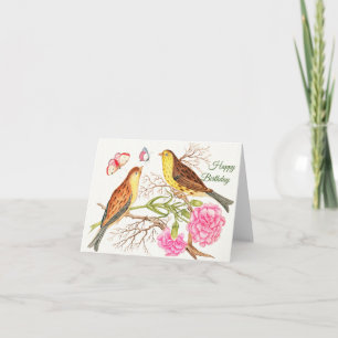 Tarjeta Dos pájaros marrones y amarillos en ramas, Cumplea