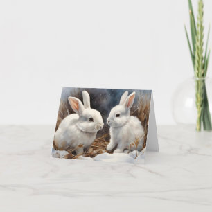 Tarjeta Dos pequeños conejos de conejito blanco en blanco