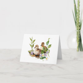 Tarjeta Dos pollos con flores en BLANCO