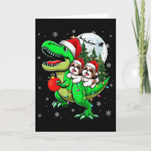 Tarjeta Dos Shih Tzus de Navidad montando Reno T-rex Amant