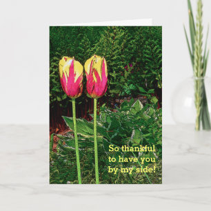 TARJETA DOS TULIPS DE COLOR ROSA Y AMARILLO/ANIVERSARIO FE