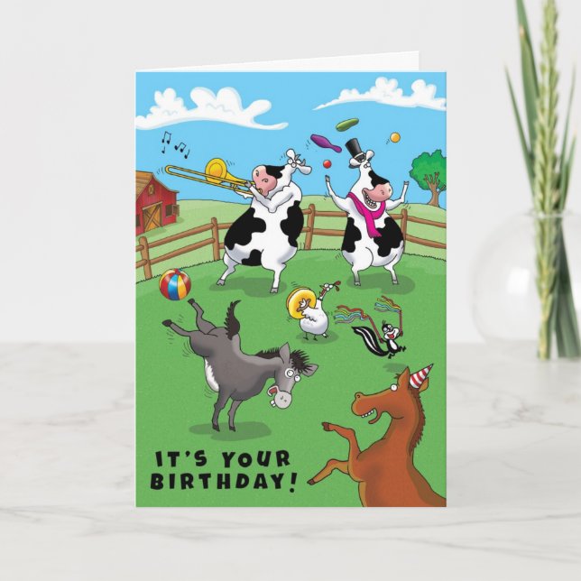 Tarjeta Dos vacas y una celebración de cumpleaños de pollo (Anverso)