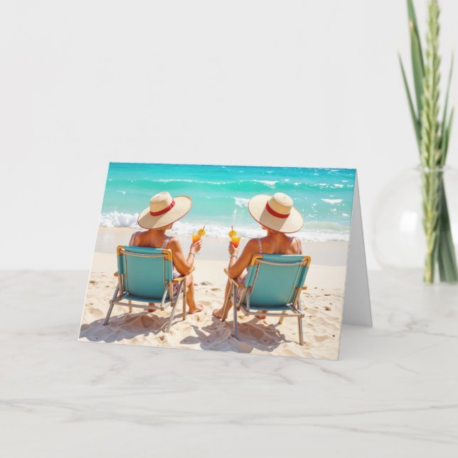 Tarjeta Dos Viejas Damas Sentadas En Sillas De Playa (Anverso)
