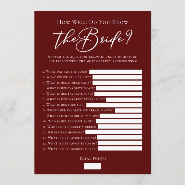 Tarjeta Downloadable Burgundy Bride Facts Shower Game (Anverso)