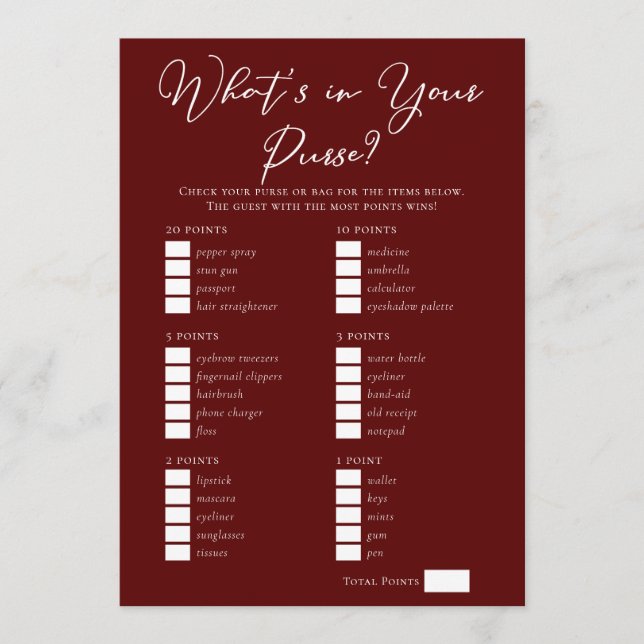 Tarjeta Downloadable Burgundy Purse Bridal Shower Game (Anverso)