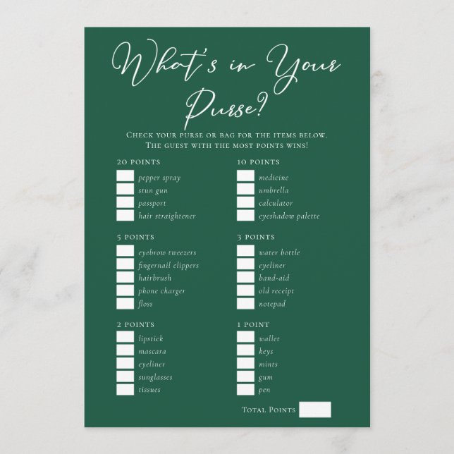 Tarjeta Downloadable Green Purse Bridal Shower Game (Anverso)