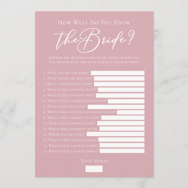 Tarjeta Downloadable Rose Pink Bride Facts Shower Game (Anverso)