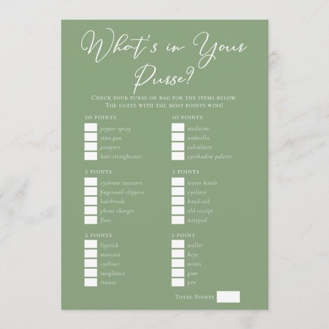 Tarjeta Downloadable Sage Green Purse Bridal Shower Game (Anverso)