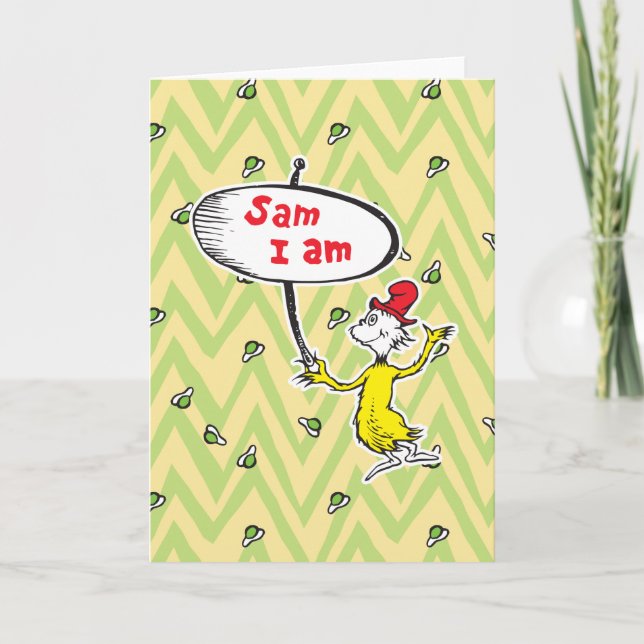 Tarjeta Dr. Seuss | Sam-I-Am sosteniendo cartel (Anverso)