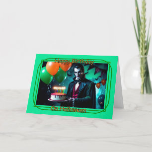 Tarjeta Drácula con pastel - Feliz cumpleaños en Halloween