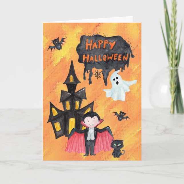 Tarjeta Drácula Haunted House Kids Halloween (Anverso)