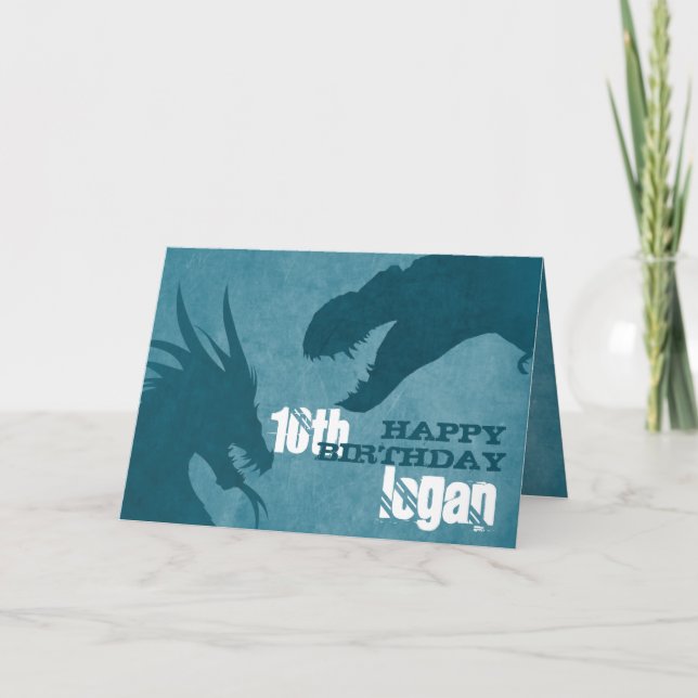 Tarjeta Dragón azul contra cumpleaños de dinosaurios (Anverso)