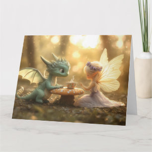 Tarjeta Dragón Bebé Adorable y Hada Disfrutando Té