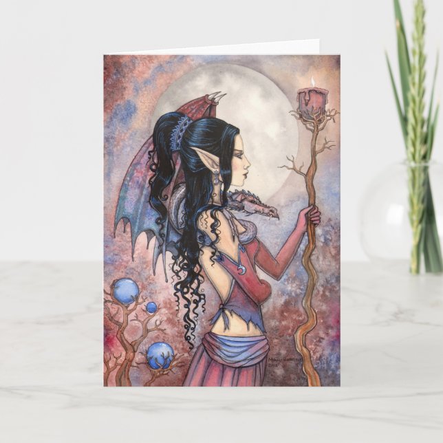 Tarjeta Dragón Chica arte de fantasía gótica de Molly Harr (Anverso)