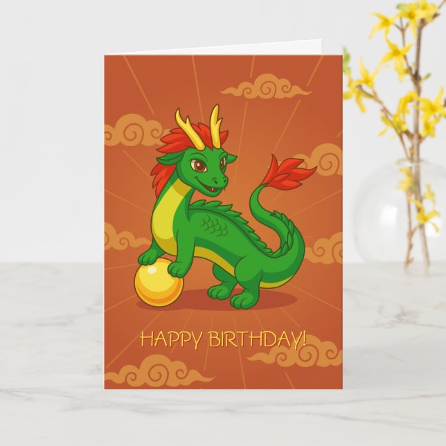 Tarjeta Dragón Chino Verde sobre Manta de Cumpleaños Roja (flor amarilla)