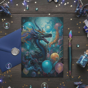 Tarjeta Dragón con globos de cumpleaños