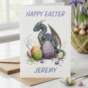 Tarjeta Dragón Cute de Acuarela de Pascua con Huevos