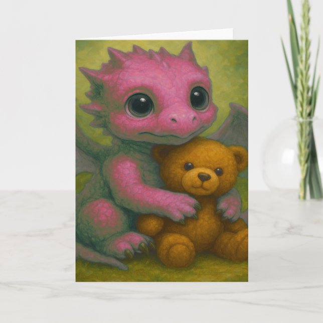 Tarjeta Dragón de bebé ordeñable de cachorro rosa con oso  (Anverso)