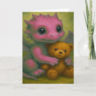 Tarjeta Dragón de bebé ordeñable de cachorro rosa con oso 