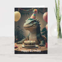 Dragón de Komodo sentado en una mesa con pastel de