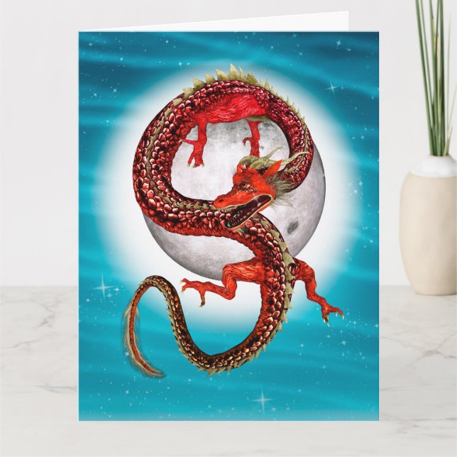 Tarjeta Dragón de Luna Roja Arte de Fantasía Celestial (Anverso)