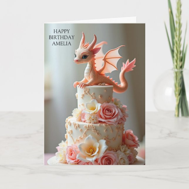 Tarjeta Dragón de Tarta de Cumpleaños Rosa Saludo (Anverso)