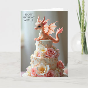 Tarjeta Dragón de Tarta de Cumpleaños Rosa Saludo