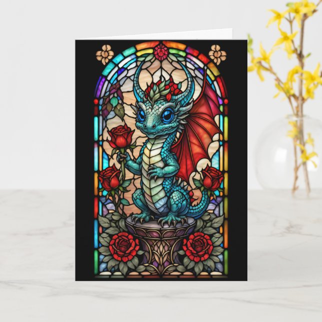 Tarjeta Dragón de vidrio con manchas falsas con Rosa (flor amarilla)