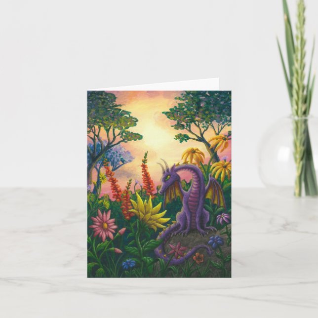 Tarjeta Dragón entre el notecard de las flores (Anverso)