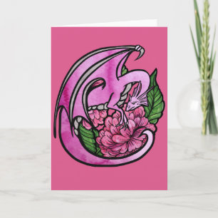 Tarjeta Dragón Floral Flores Rosa Caliente Chica Geek