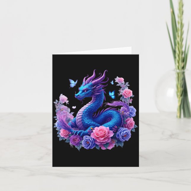 Tarjeta Dragon Flowers Beautiful Art Colorful Graphic  (Anverso)