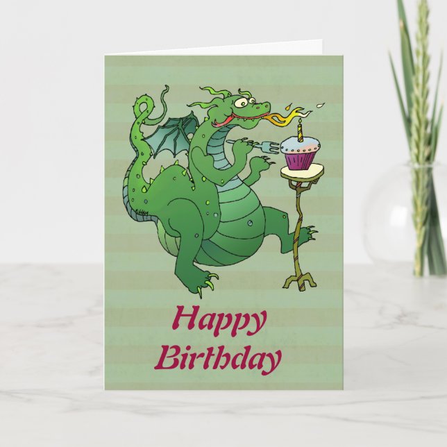 Tarjeta Dragón gracioso que sopla velas de cumpleaños (Anverso)
