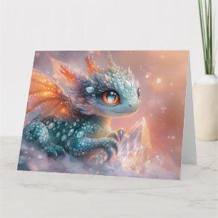 Tarjeta Dragón infantil adorable con gema de cristal: arte