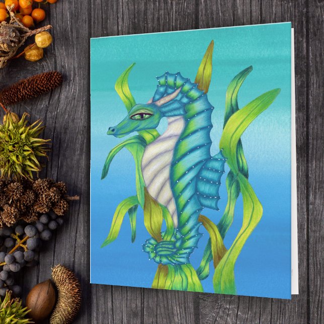 Tarjeta Dragón marino azul azul de fantasía verde acuático (Fantasy sea dragon or seahorse aqua blue and green in seaweed on note card.)