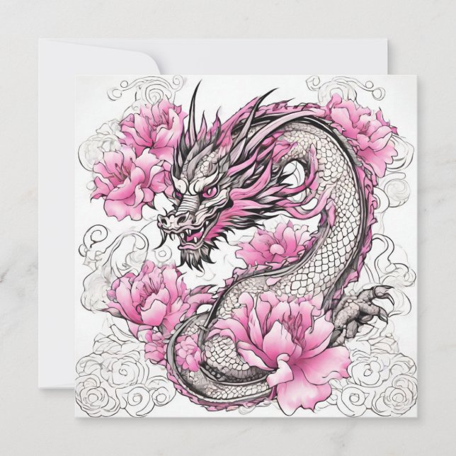 Tarjeta Dragón oriental con flores rosadas vibrantes (Anverso)