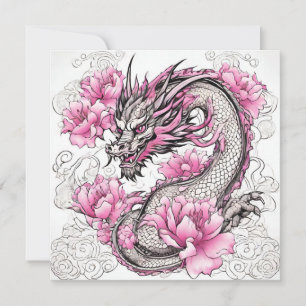 Tarjeta Dragón oriental con flores rosadas vibrantes