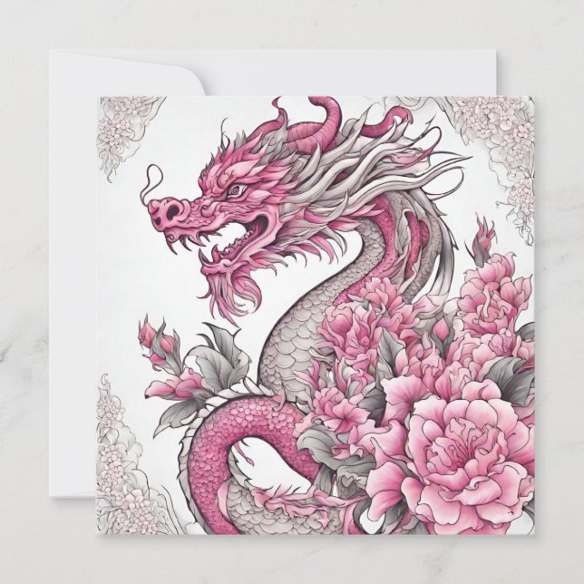 Tarjeta Dragón oriental y flores rosas (Anverso)