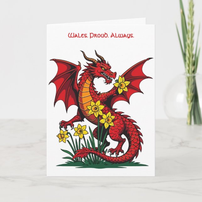 Tarjeta Dragón Rojo Entre Flores de Narciso (Anverso)