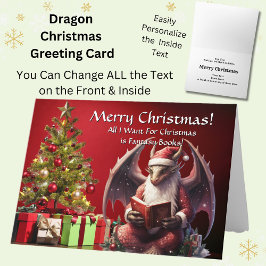 Tarjeta Dragon Santa Reading Book Feliz Navidad