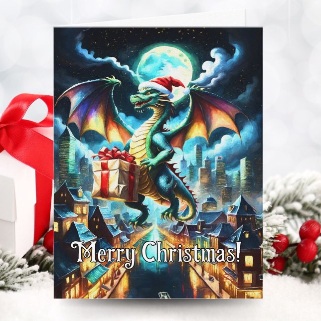 Tarjeta Dragón Verde Entregando Regalos de Navidad (Subido por el creador)