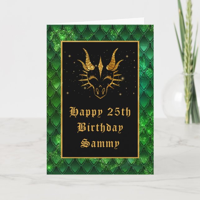 Tarjeta Dragón Verde escala Purpurina Faux Happy Birday (Anverso)